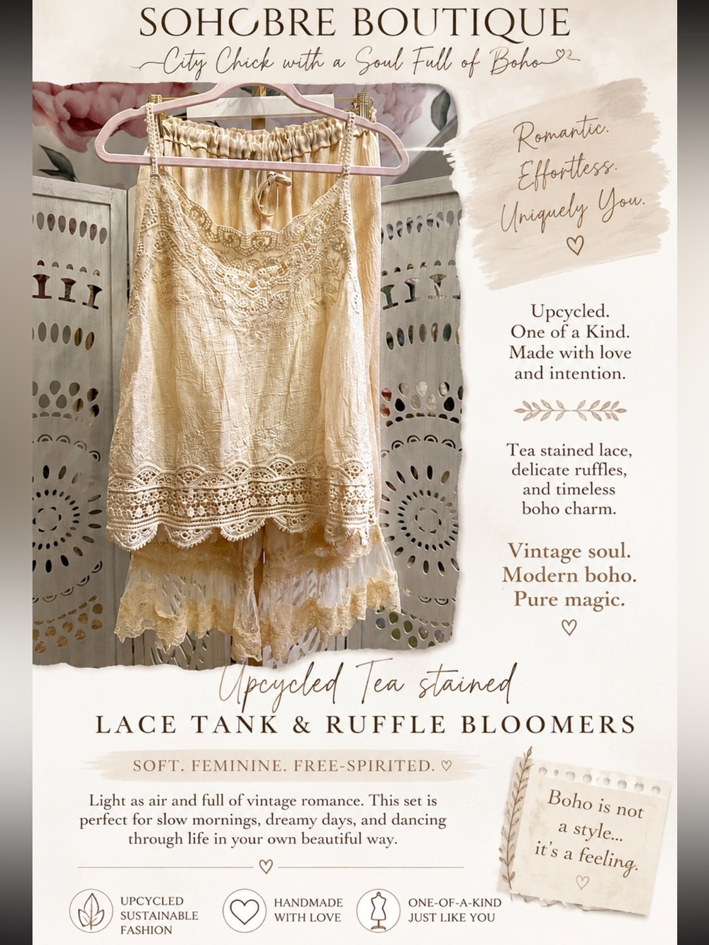 Upcycled Tea stained Lace Tank & ruffle Bloomers